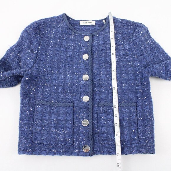 NWT Sandro Cropped Glitter Tweed Effect Coatigan with Braided Trim in Blue FR 0 - Picture 16 of 16